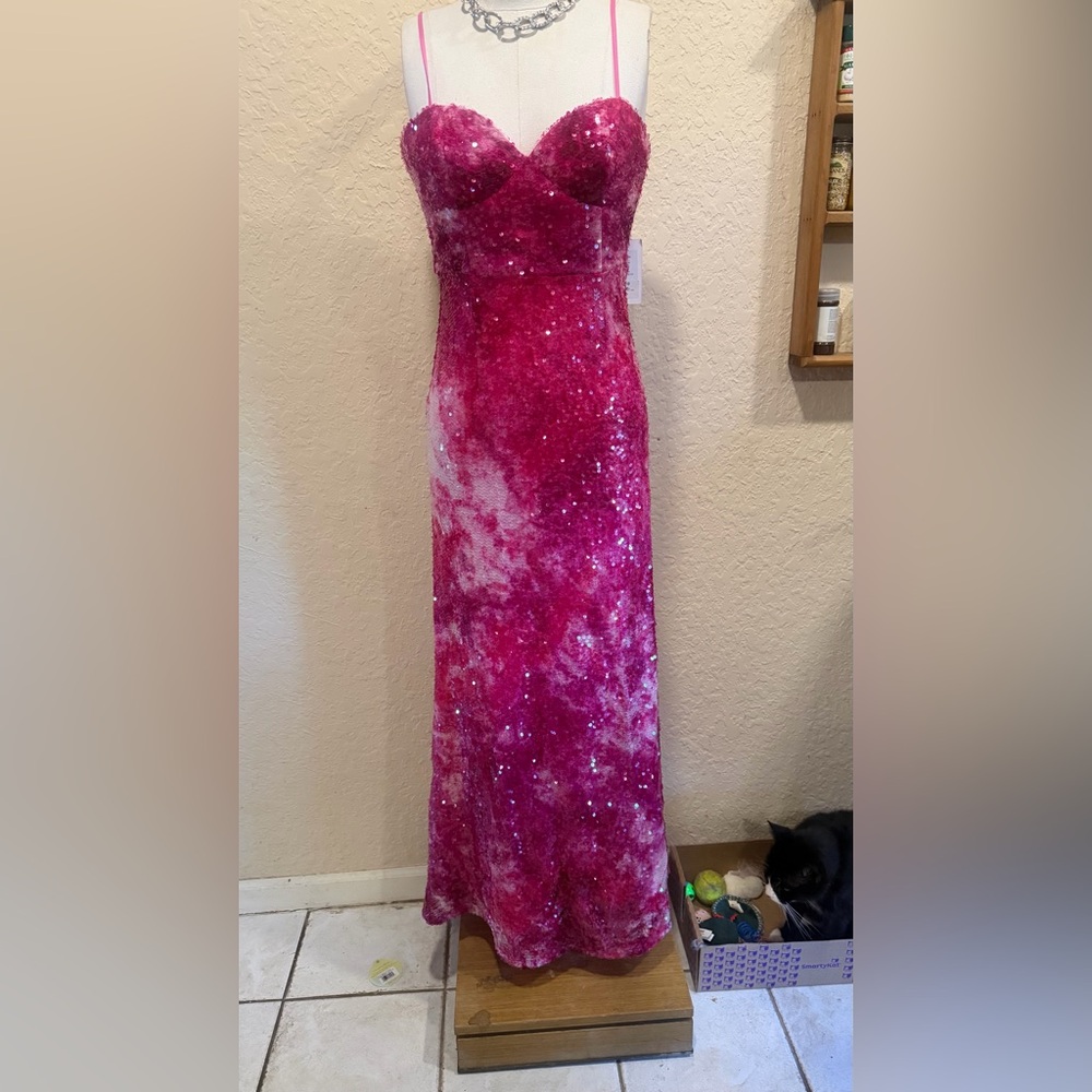 FAME Partners The Zandra Dress Tie Dye Sequin Bubble Gum Pink Gown 2